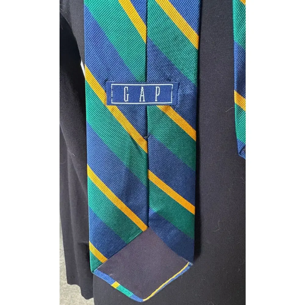 Pair Vintage GAP 100% Silk Made in USA prep school striped ties Navy Blue Green